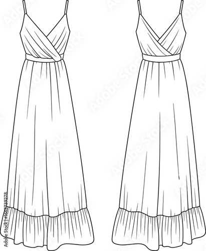 PrintFashion illustration of elegant maxi dress with spaghetti straps, V-neck wrap front, gathered waist, flared hem, stylish summer outfit design