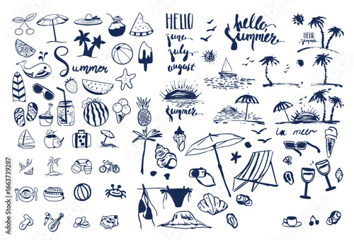 Hand drawn doodle summer beach, sea and surf vector illustration set. Tropical coastal elements palm trees, waves, surfboards, and sun with ornament for t-shirts, posters, and placards prints.