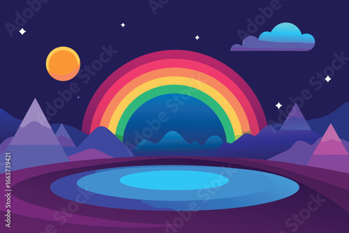 A vibrant vector illustration of a rainbow over a serene landscape at night, with mountains, water, and stars in the sky, creating a dreamy scene