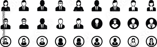 Diverse User Profile Avatar Icon Set: Business People, Male and Female Figures in Various Styles, Flat Vector for Website, App UI, and Social Media Design.