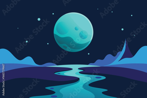 A serene vector illustration of a blue moon over a tranquil landscape, with a winding river, mountains, and stars in the night sky, creating a dreamy scene