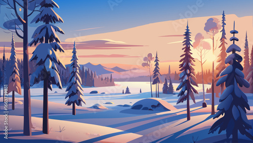 Photo of a snowy panoramic landscape at sunset, frozen trees in Saariselka, Lapland, Finland, winter snow scene web banner