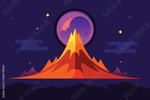 A captivating illustration of a majestic mountain range silhouetted against a vibrant moonlit sky, with twinkling stars adding to the serene night scene
