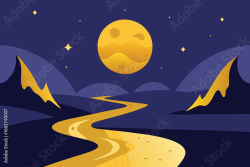 A scenic illustration of a winding road leading through a mountainous landscape under a bright moonlit sky, with stars adding to the serene night scene
