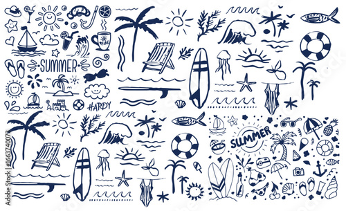 Hand drawn doodle summer beach, sea and surf vector illustration set. Tropical coastal elements palm trees, waves, surfboards, and sun with ornament for t-shirts, posters, and placards prints.