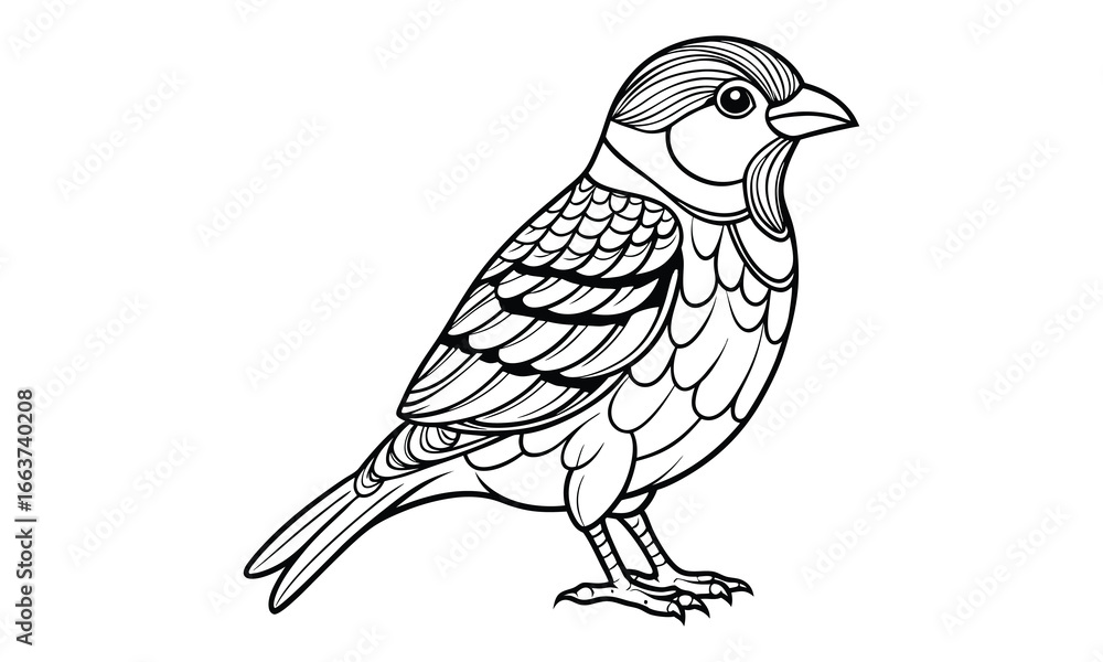Fototapeta premium Decorative Sparrow vector silhouette and line art t shirt design, detailed illustration for adult coloring, meditation art therapy, stress relief drawing, and printable creative artwork.