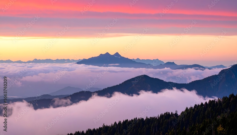 Obraz premium Mountain Peaks Emerging from Clouds at Sunset, Pink Sky.