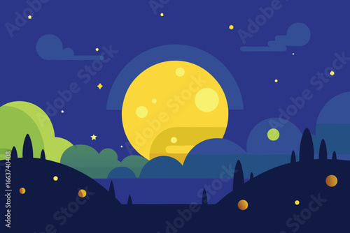 A serene night landscape with a full moon illuminating the sky, casting a warm glow over the hills and trees, creating a peaceful and dreamy scene