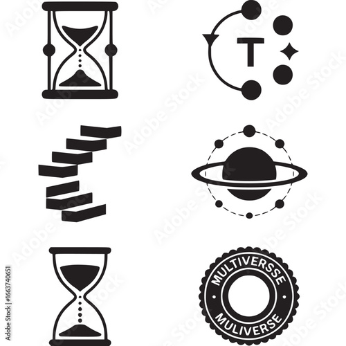 Art of collection of abstract icons representing time, space, and the multiverse, including hourglasses, stairs, planets, and circular designs