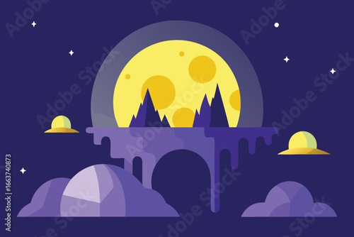 Vector illustration of a fantasy night landscape with moon, stars and abstract shapes, perfect for backgrounds, banners, cards and other designs