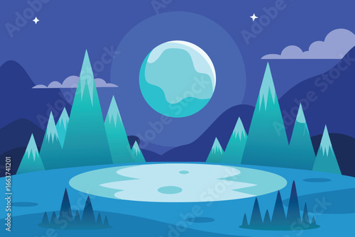 A serene night landscape featuring a full moon over a tranquil lake surrounded by majestic mountains and twinkling stars in the dark blue sky