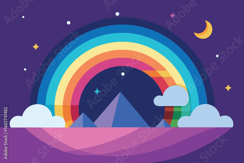 A whimsical night landscape featuring a vibrant rainbow arching over mountains, with stars, moon, and fluffy clouds creating a dreamy, colorful scene