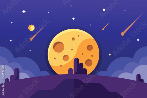 A celestial night landscape featuring a large, cratered moon with comets streaking across the sky, creating a whimsical and dreamy atmosphere