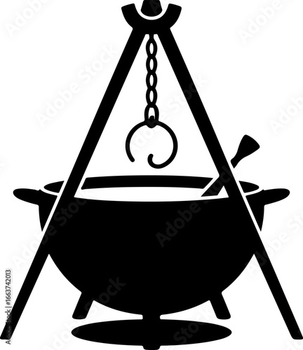 Black Silhouette Icon Depicting a Traditional Outdoor Cooking Setup with Pots Over an Open Flame, Symbolizing Rustic Culinary Preparation