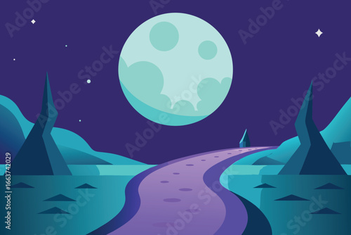 A captivating vector illustration of a moonlit landscape, featuring a winding road under a starry night sky, evoking a sense of adventure and wonder