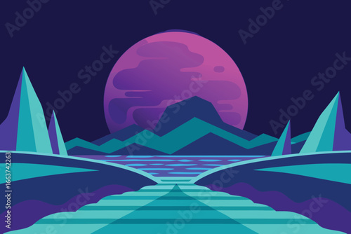 A serene vector landscape featuring a vibrant purple moon rising over mountains, with a road leading into the distance under a dark blue sky