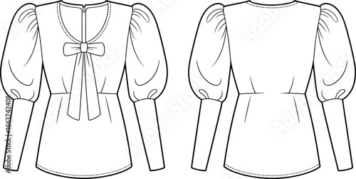 Elegant blouse CAD drawing, puff sleeve design, bow detail fashion sketch, sewing pattern vector, front and back view illustrationElegant blouse CAD drawing, puff sleeve design