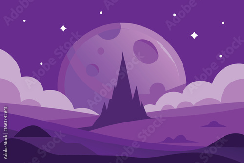Purple night landscape with a big moon, mountains, and stars, creating a dreamy and mystical scene, perfect for backgrounds and artistic designs