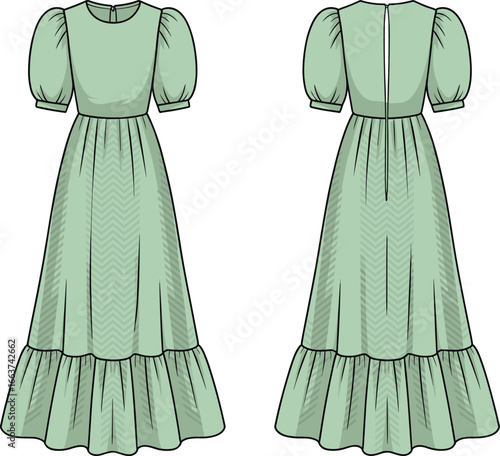 Elegant green dress fashion sketch, puff sleeves long skirt ruffle hem, cad drawing flat vector illustration, garment design template iconElegant green 