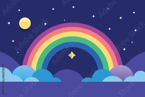 A colorful rainbow stretches across the night sky, with a bright moon and twinkling stars, creating a whimsical and dreamy landscape illustration