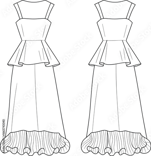 Elegant peplum dress front and back view with ruffled hem detail, cad drawing flat vector illustration, fashion design template, stylish gown sketch layout