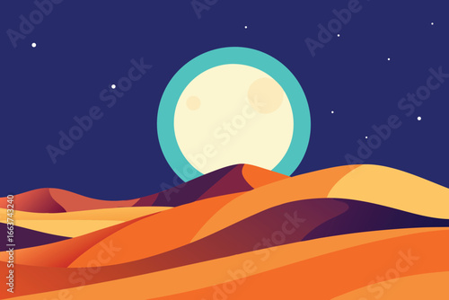 A mesmerizing desert landscape with rolling dunes under a starlit sky and a radiant moon, evoking a sense of adventure and tranquility