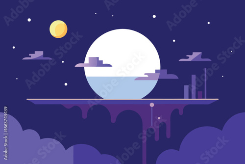 A surreal night landscape featuring a floating island beneath a luminous moon and starry sky, creating a dreamlike and ethereal atmosphere