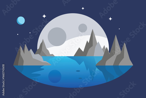 A serene night landscape featuring a large moon reflecting in a tranquil lake surrounded by majestic mountains and twinkling stars in the sky