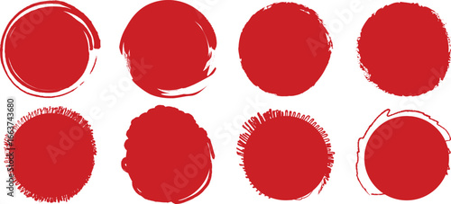 Set of textured brush circles in red and black, designed with imperfect strokes, Japanese sumi ink inspiration, abstract meditation symbols, and minimal grunge art style.