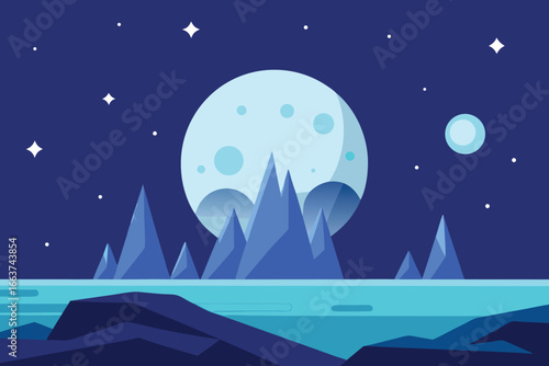 A futuristic landscape with jagged mountains under a bright moon and starry sky, creating a serene and otherworldly night scene illustration