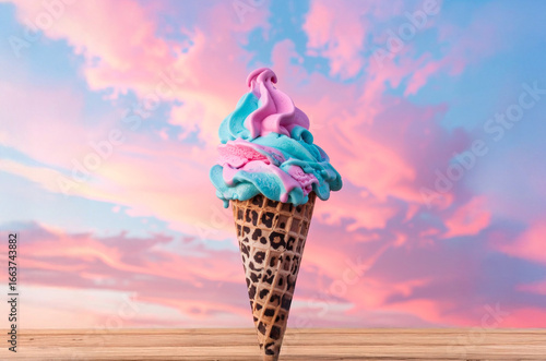 Ice cream flavored with exotic fruit in a cone with an animal print, inspired by summer holidays.