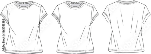  Essential white women's basic short-sleeved crew neck t-shirt, shown from front, side, and back views in clean flat vector technical drawings, ideal for fashion design, apparel mockups