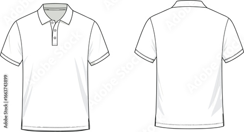 Polo Shirt Technical Design: A minimalist technical design showcases the front and back view of a classic polo shirt, perfect for fashion, apparel, and clothing-related projects.
