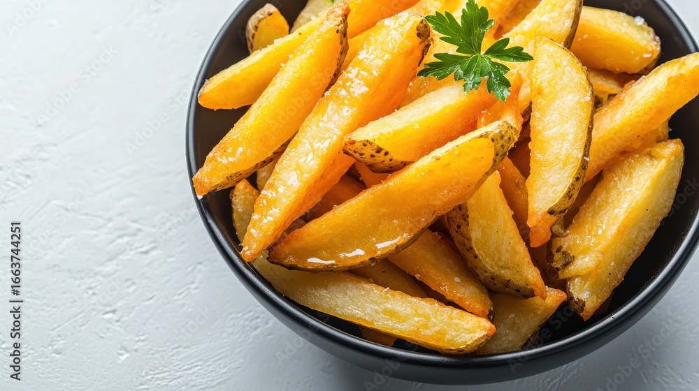 Duck fat fries golden crispy french fries black ceramic bowl restaurant style fresh herbs white background Duck fat fries golden crispy french fries black ceramic bowl restaurant style fresh herbs white background
