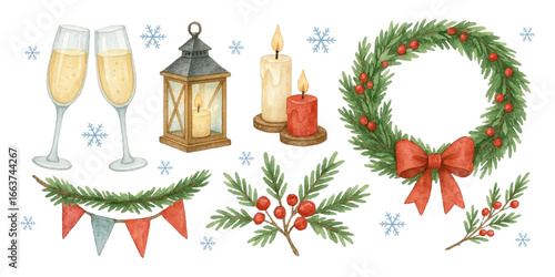 Watercolor Christmas set: champagne glasses, candles, lantern, fir wreath with red bow, branches with berries, festive garland, snowflakes. Winter holiday illustration, isolated on white background.