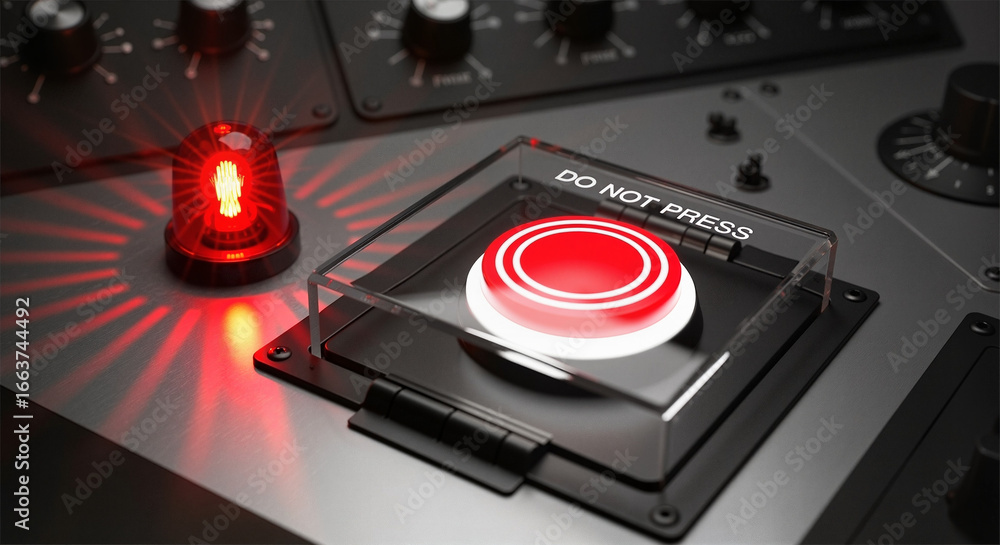 Fototapeta premium Illuminated red push-button under its safety cover symbolizing high-stakes and irreversible decision