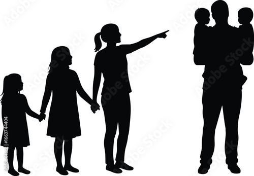 Family silhouette on white background, mother pointing, father holding kids, siblings hand-in-hand, unity, parenting, togetherness, love, bond, interaction