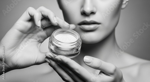 Caucasian young female holding skincare cream jar in black and white close-up