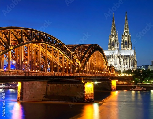 Illuminated bridge over river with cathedral