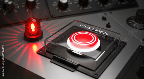 Illuminated red push-button under its safety cover symbolizing high-stakes and irreversible decision