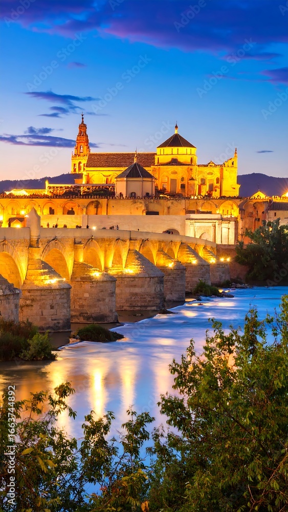 Obraz premium Evening cityscape of historical bridge and mosque
