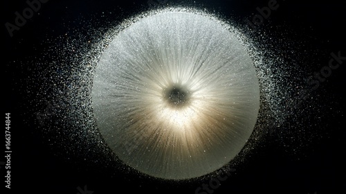 Exploding sphere scatters fine particles around a central, light-emitting source