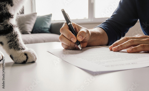 Man's hand signs pet adoption papers making lifelong commitment to his curious feline companion