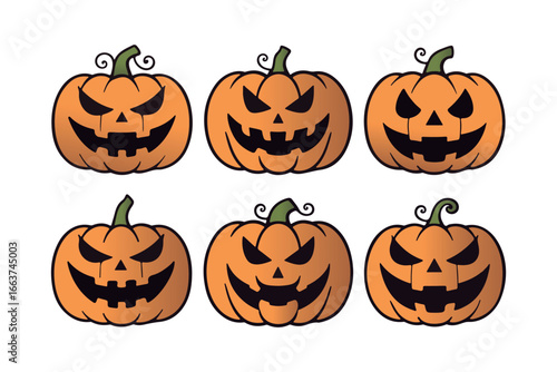 halloween cartoon pumpkin set with smiling and frowning jack o lantern faces for festive seasonal design and decoration