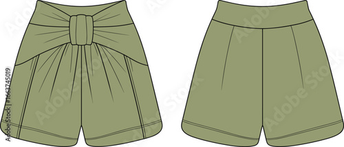 Fashionable high waist shorts with bow, women’s clothing design, flat sketch front and back, stylish summer wear fashion illustration