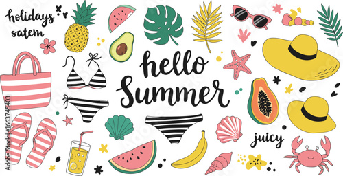 Hello Summer Illustration: A vibrant and whimsical illustration captures the essence of summer, featuring iconic elements of the season with a cheerful and inviting design.