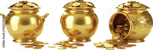 Gold Pots Overflowing: Glistening gold pots, brimming with lustrous gold coins, symbolize wealth and fortune, evoking the allure of riches and prosperity.