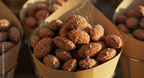 Freshly roasted almonds steaming in paper cone embodying  traditional fair treat