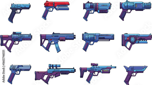 Futuristic Weaponry: A collection of highly detailed, pixelated designs, each showcasing a unique futuristic weapon, brimming with advanced technology and ready for action.