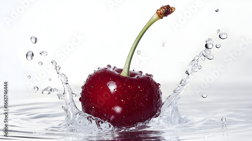 Hyper realistic ripe cherry splashing into water